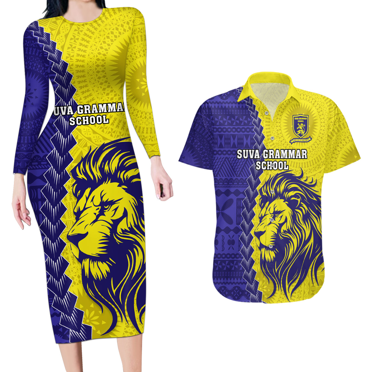 Custom Fiji School Couples Matching Long Sleeve Bodycon Dress and Hawaiian Shirt Suva Grammar Lions With Fijian Tapa LT14 Gold - Polynesian Pride