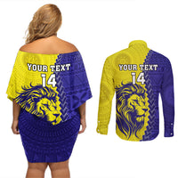 Custom Fiji School Couples Matching Off Shoulder Short Dress and Long Sleeve Button Shirts Suva Grammar Lions With Fijian Tapa LT14 - Polynesian Pride