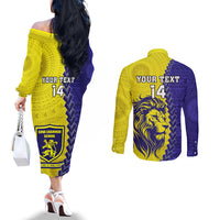 Custom Fiji School Couples Matching Off The Shoulder Long Sleeve Dress and Long Sleeve Button Shirts Suva Grammar Lions With Fijian Tapa LT14 - Polynesian Pride