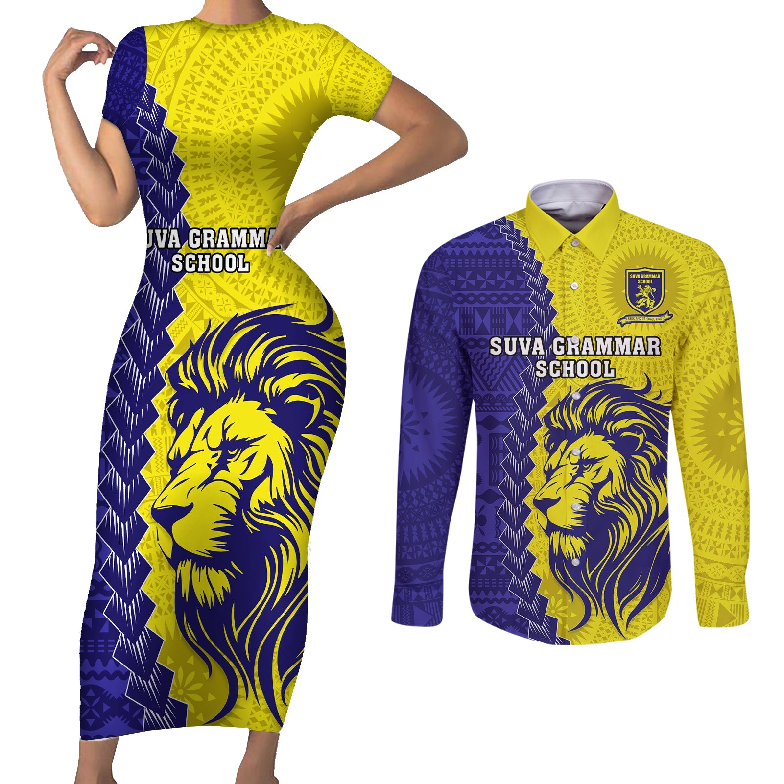 Custom Fiji School Couples Matching Short Sleeve Bodycon Dress and Long Sleeve Button Shirts Suva Grammar Lions With Fijian Tapa LT14 Gold - Polynesian Pride