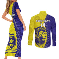Custom Fiji School Couples Matching Short Sleeve Bodycon Dress and Long Sleeve Button Shirts Suva Grammar Lions With Fijian Tapa LT14 - Polynesian Pride