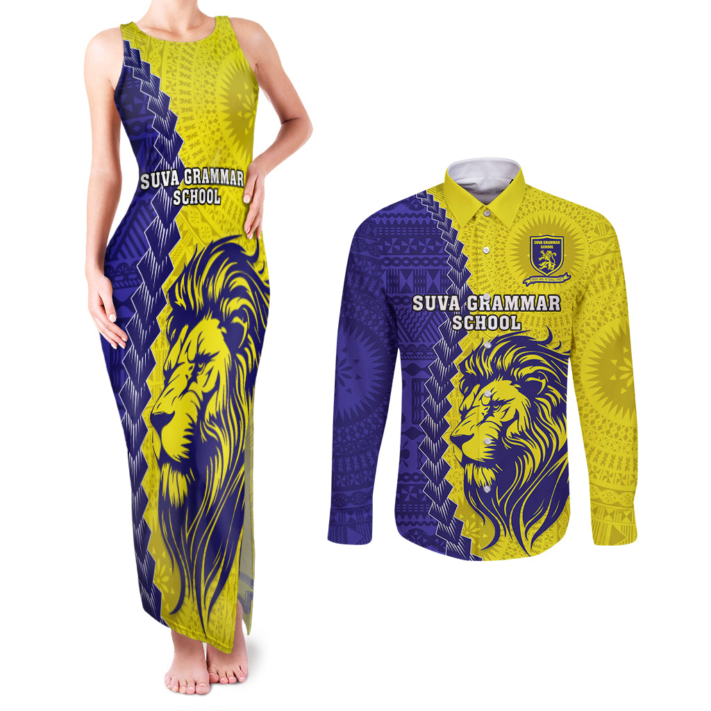 Custom Fiji School Couples Matching Tank Maxi Dress and Long Sleeve Button Shirts Suva Grammar Lions With Fijian Tapa LT14 Gold - Polynesian Pride
