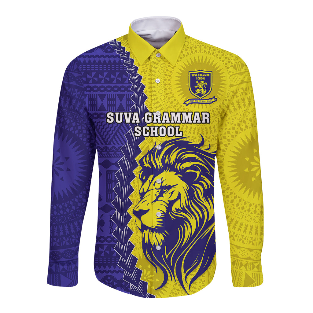 Custom Fiji School Long Sleeve Button Shirt Suva Grammar Lions With Fijian Tapa LT14 Unisex Gold - Polynesian Pride