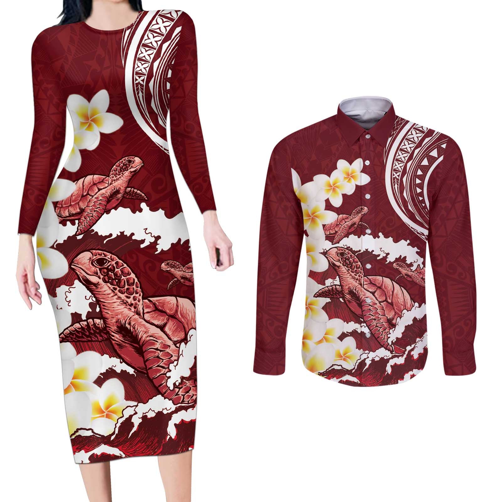 Blood Gold Polynesia Couples Matching Long Sleeve Bodycon Dress and Long Sleeve Button Shirt Polynesian Frangipani With Sea Turtles