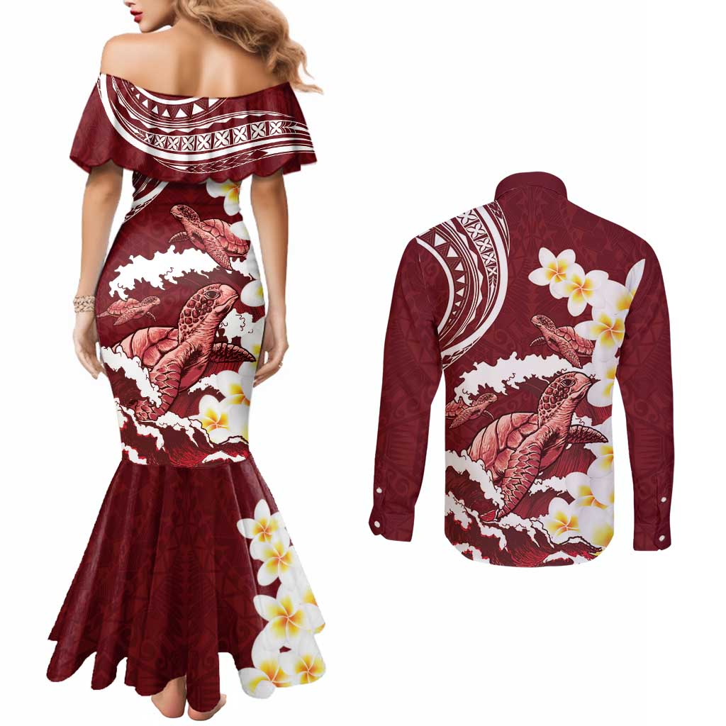 Blood Gold Polynesia Couples Matching Mermaid Dress and Long Sleeve Button Shirt Polynesian Frangipani With Sea Turtles