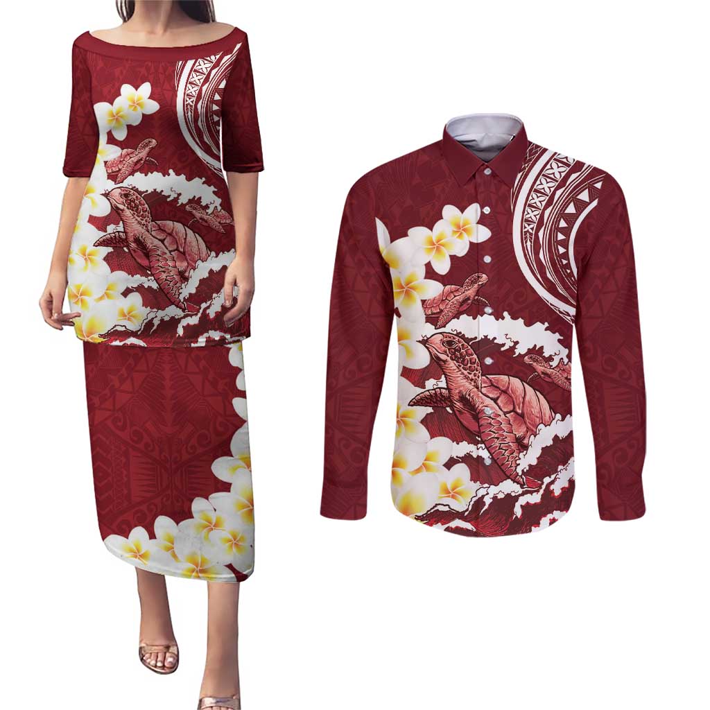 Blood Gold Polynesia Couples Matching Puletasi and Long Sleeve Button Shirt Polynesian Frangipani With Sea Turtles