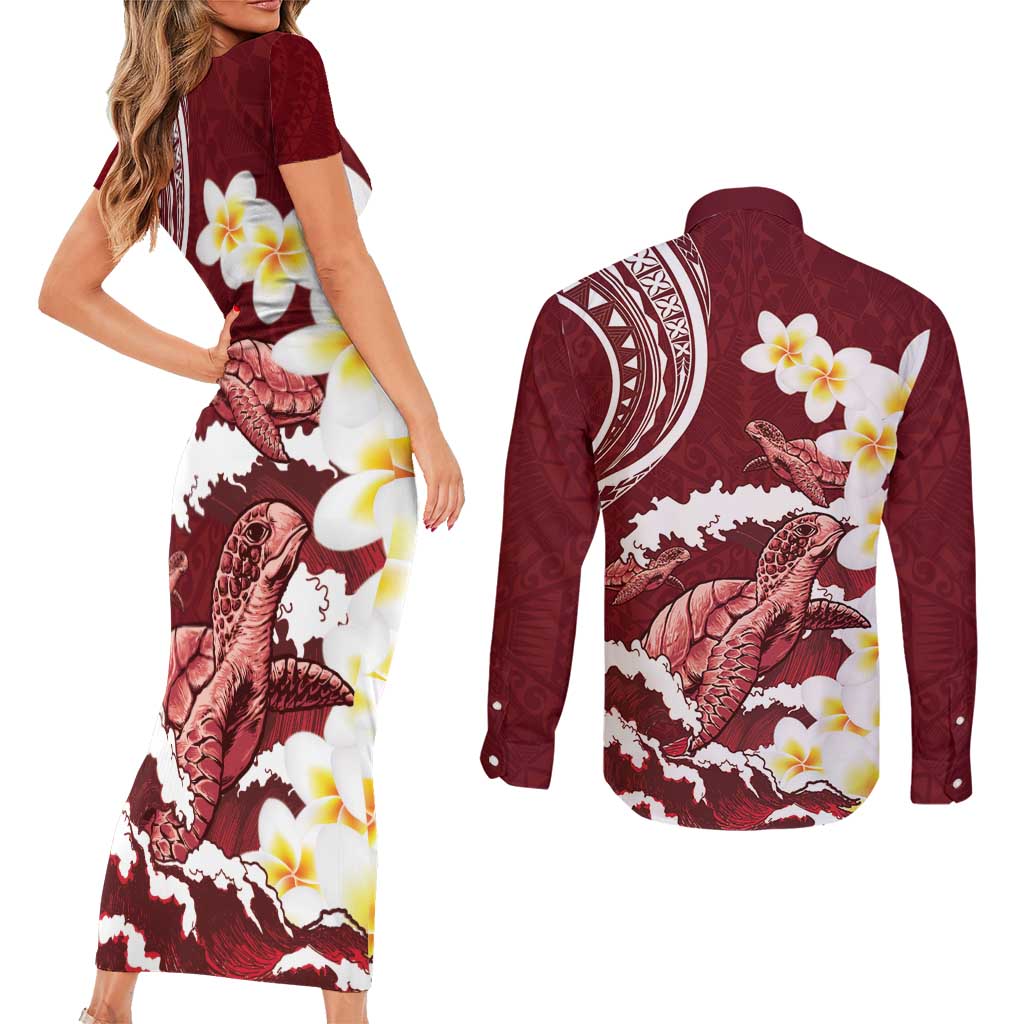 Blood Gold Polynesia Couples Matching Short Sleeve Bodycon Dress and Long Sleeve Button Shirt Polynesian Frangipani With Sea Turtles