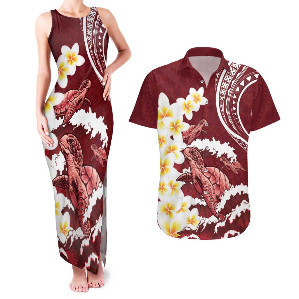 Blood Gold Polynesia Couples Matching Tank Maxi Dress and Hawaiian Shirt Polynesian Frangipani With Sea Turtles