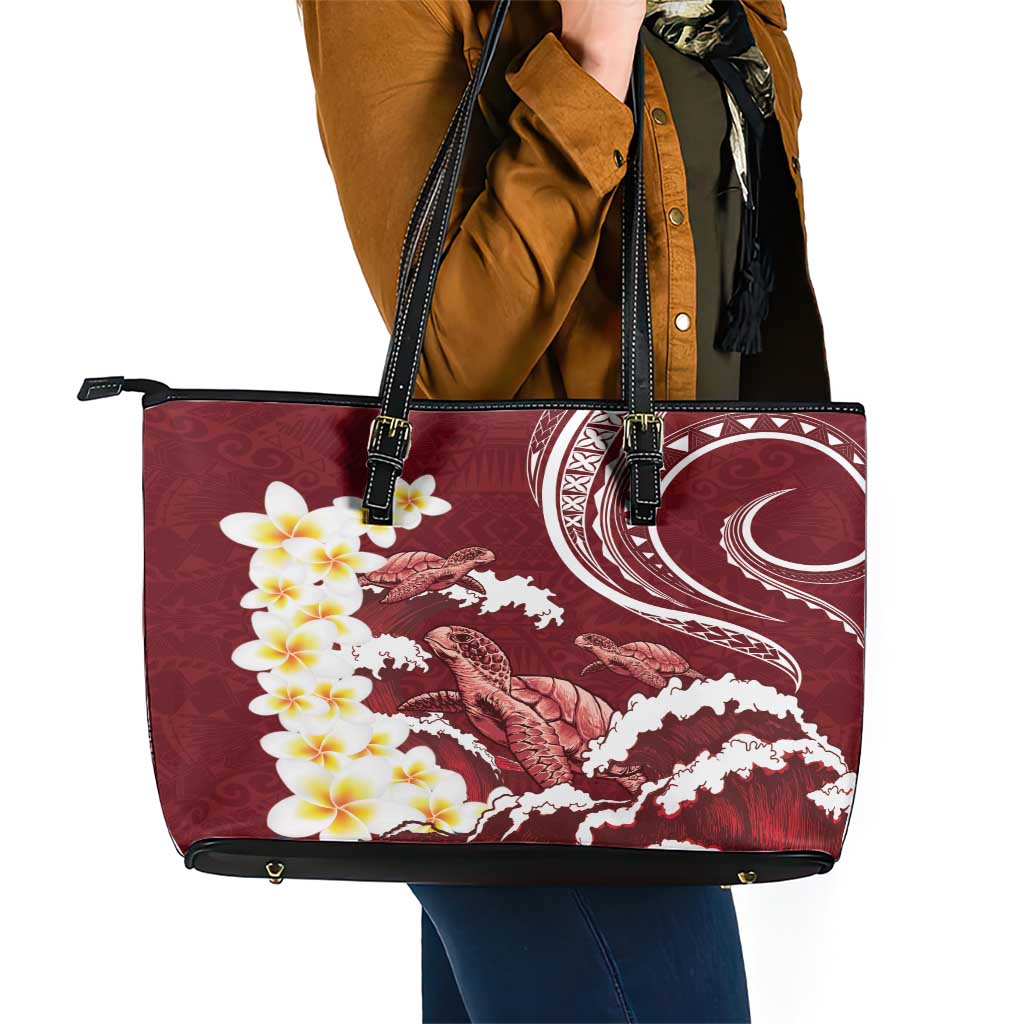 Blood Gold Polynesia Leather Tote Bag Polynesian Frangipani With Sea Turtles