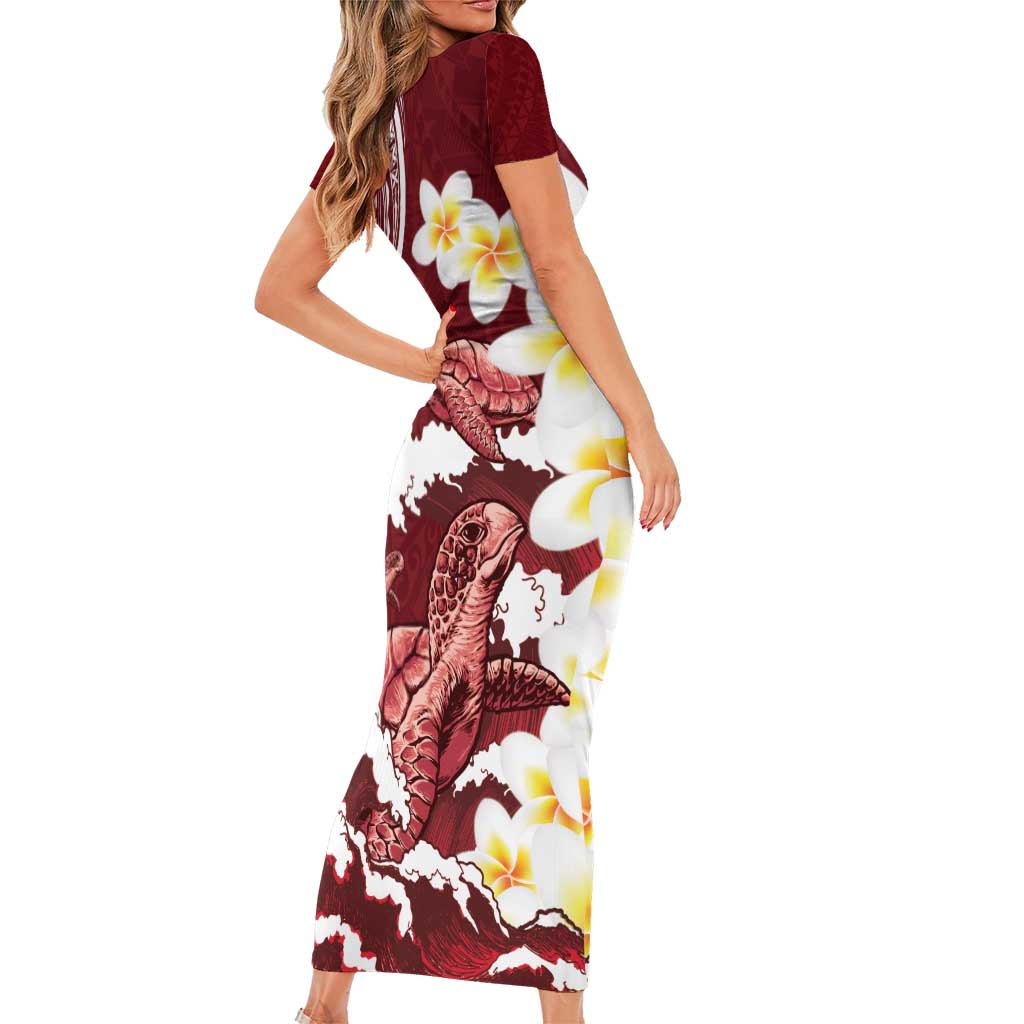 Blood Gold Polynesia Short Sleeve Bodycon Dress Polynesian Frangipani With Sea Turtles