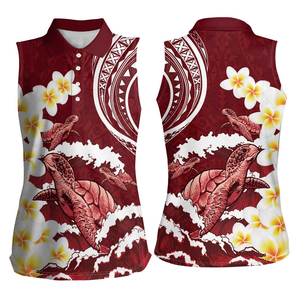 Blood Gold Polynesia Women Sleeveless Polo Shirt Polynesian Frangipani With Sea Turtles