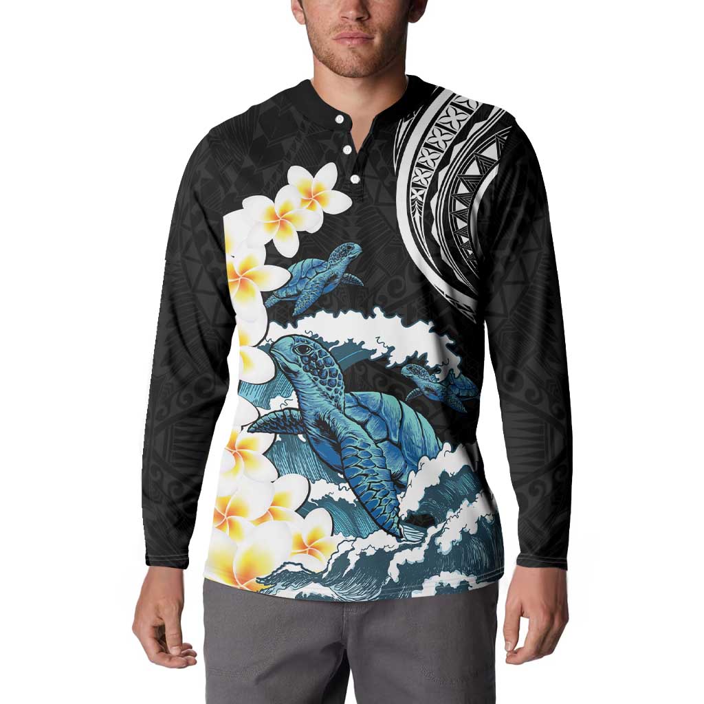 Black Polynesia Button Sweatshirt Polynesian Frangipani With Sea Turtles