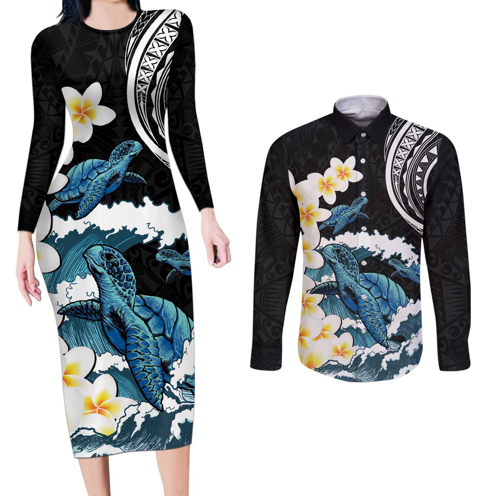 Black Polynesia Couples Matching Long Sleeve Bodycon Dress and Long Sleeve Button Shirt Polynesian Frangipani With Sea Turtles