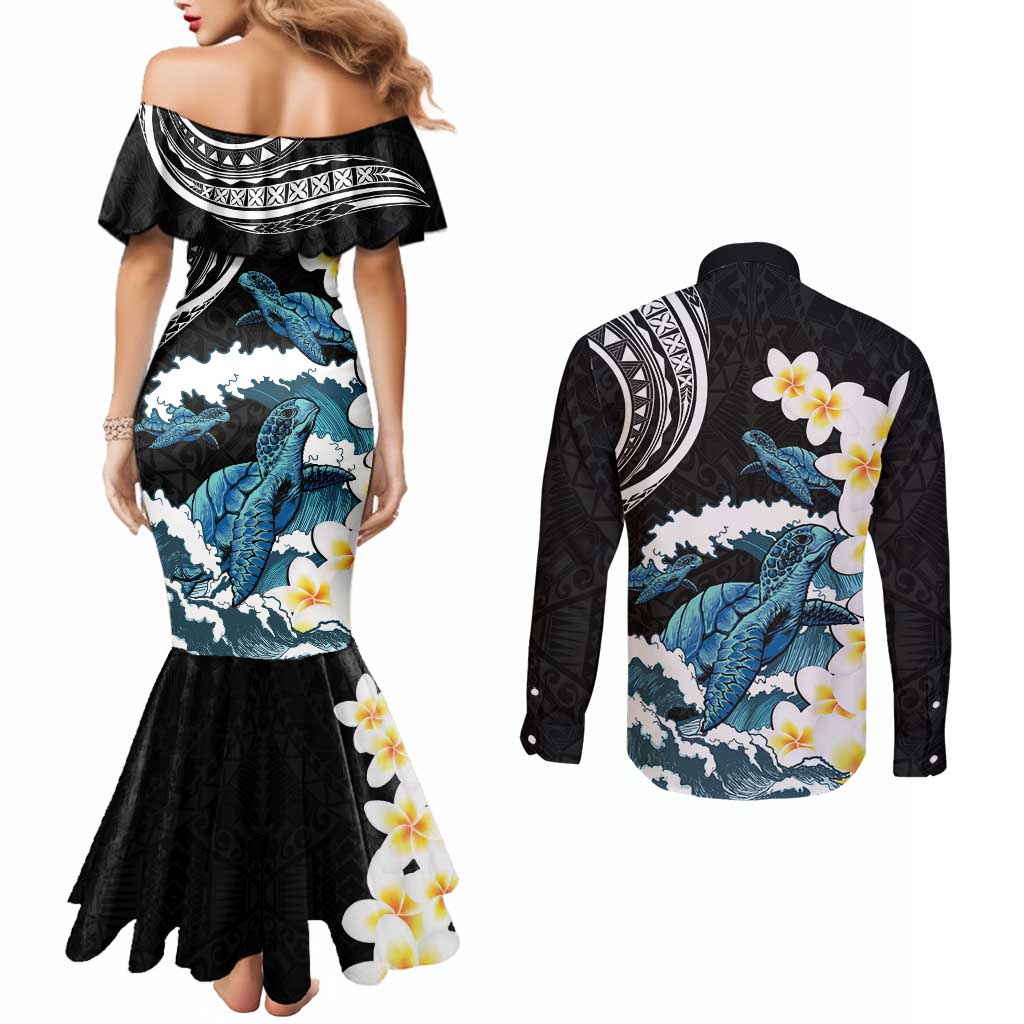 Black Polynesia Couples Matching Mermaid Dress and Long Sleeve Button Shirt Polynesian Frangipani With Sea Turtles