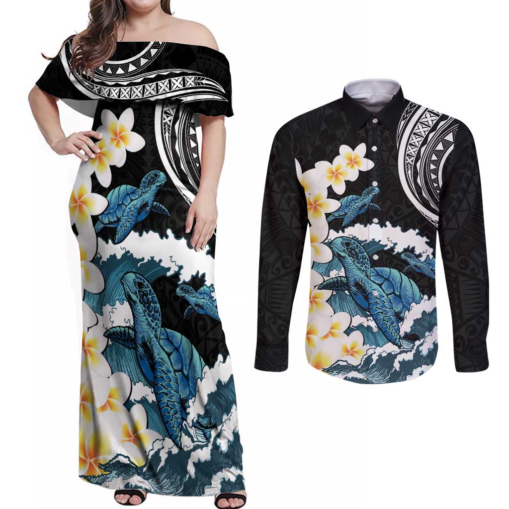 Black Polynesia Couples Matching Off Shoulder Maxi Dress and Long Sleeve Button Shirt Polynesian Frangipani With Sea Turtles