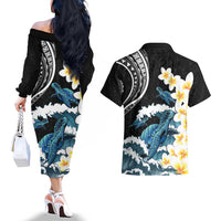 Black Polynesia Couples Matching Off The Shoulder Long Sleeve Dress and Hawaiian Shirt Polynesian Frangipani With Sea Turtles