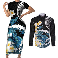 Black Polynesia Couples Matching Short Sleeve Bodycon Dress and Long Sleeve Button Shirt Polynesian Frangipani With Sea Turtles