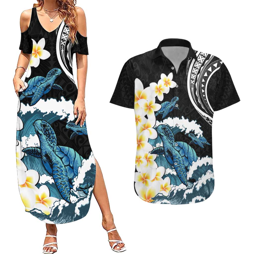 Black Polynesia Couples Matching Summer Maxi Dress and Hawaiian Shirt Polynesian Frangipani With Sea Turtles