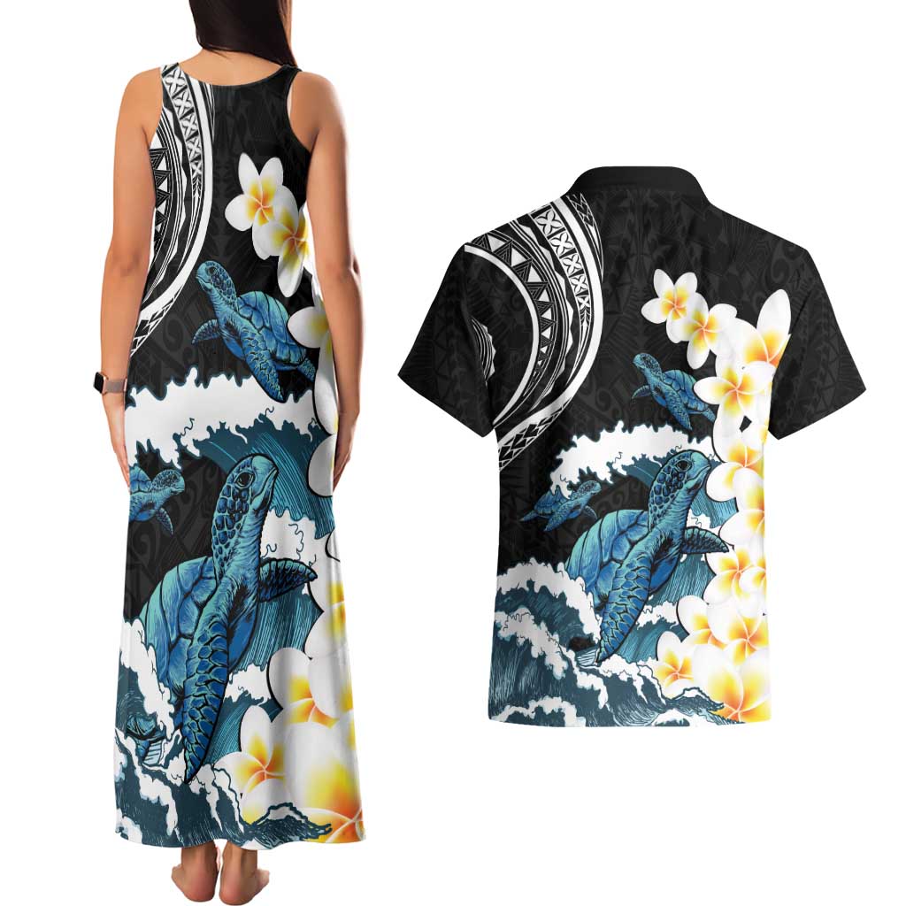 Black Polynesia Couples Matching Tank Maxi Dress and Hawaiian Shirt Polynesian Frangipani With Sea Turtles LT14 - Polynesian Pride