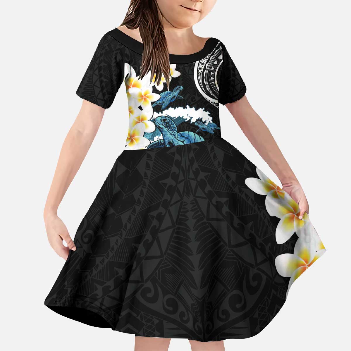 Black Polynesia Family Matching Off The Shoulder Long Sleeve Dress and Hawaiian Shirt Polynesian Frangipani With Sea Turtles