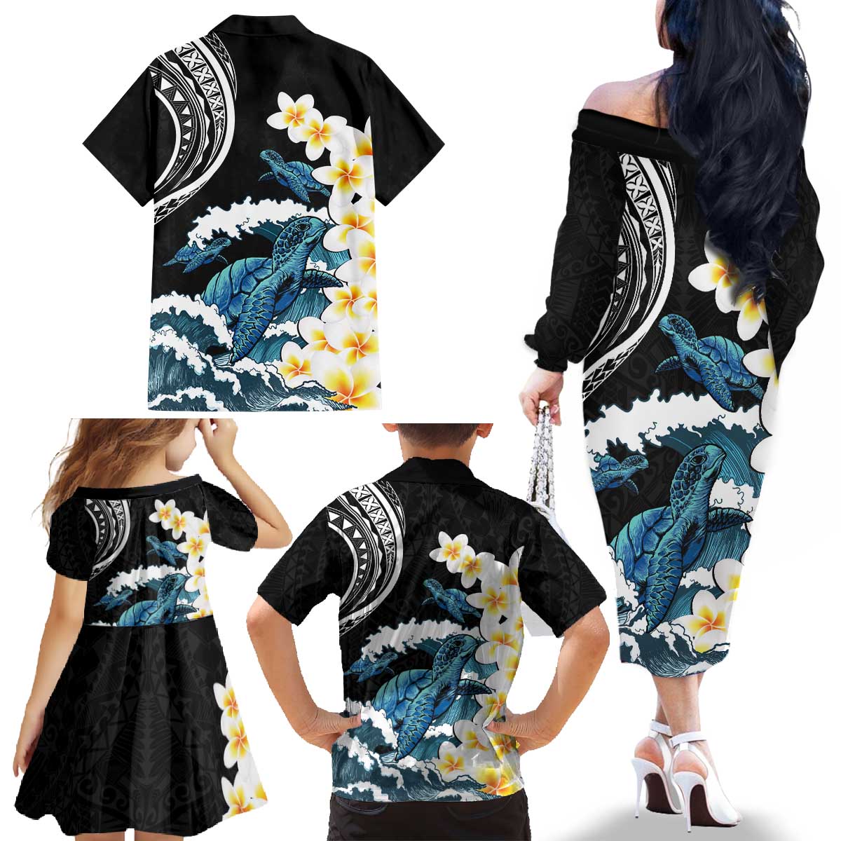 Black Polynesia Family Matching Off The Shoulder Long Sleeve Dress and Hawaiian Shirt Polynesian Frangipani With Sea Turtles