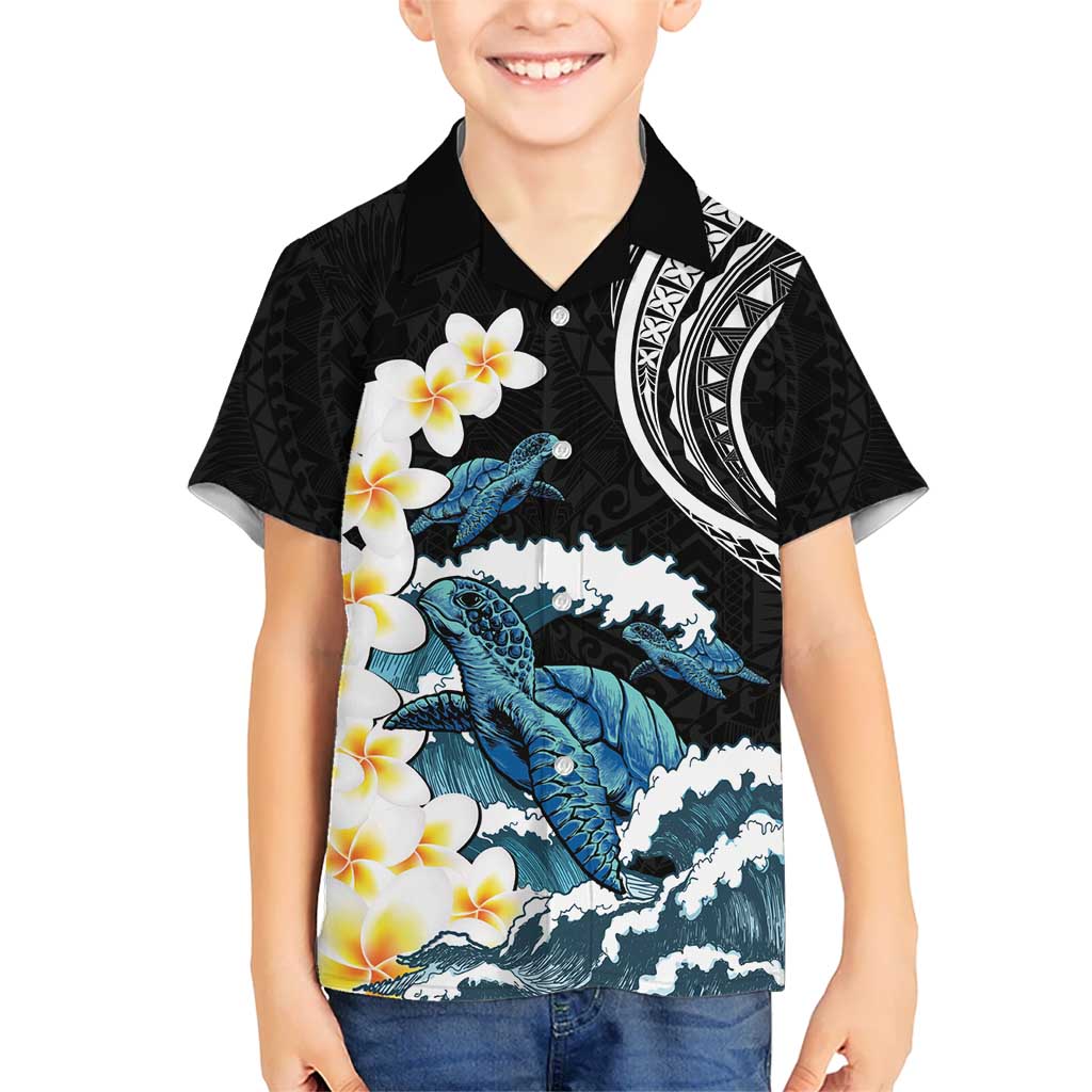 Black Polynesia Kid Hawaiian Shirt Polynesian Frangipani With Sea Turtles