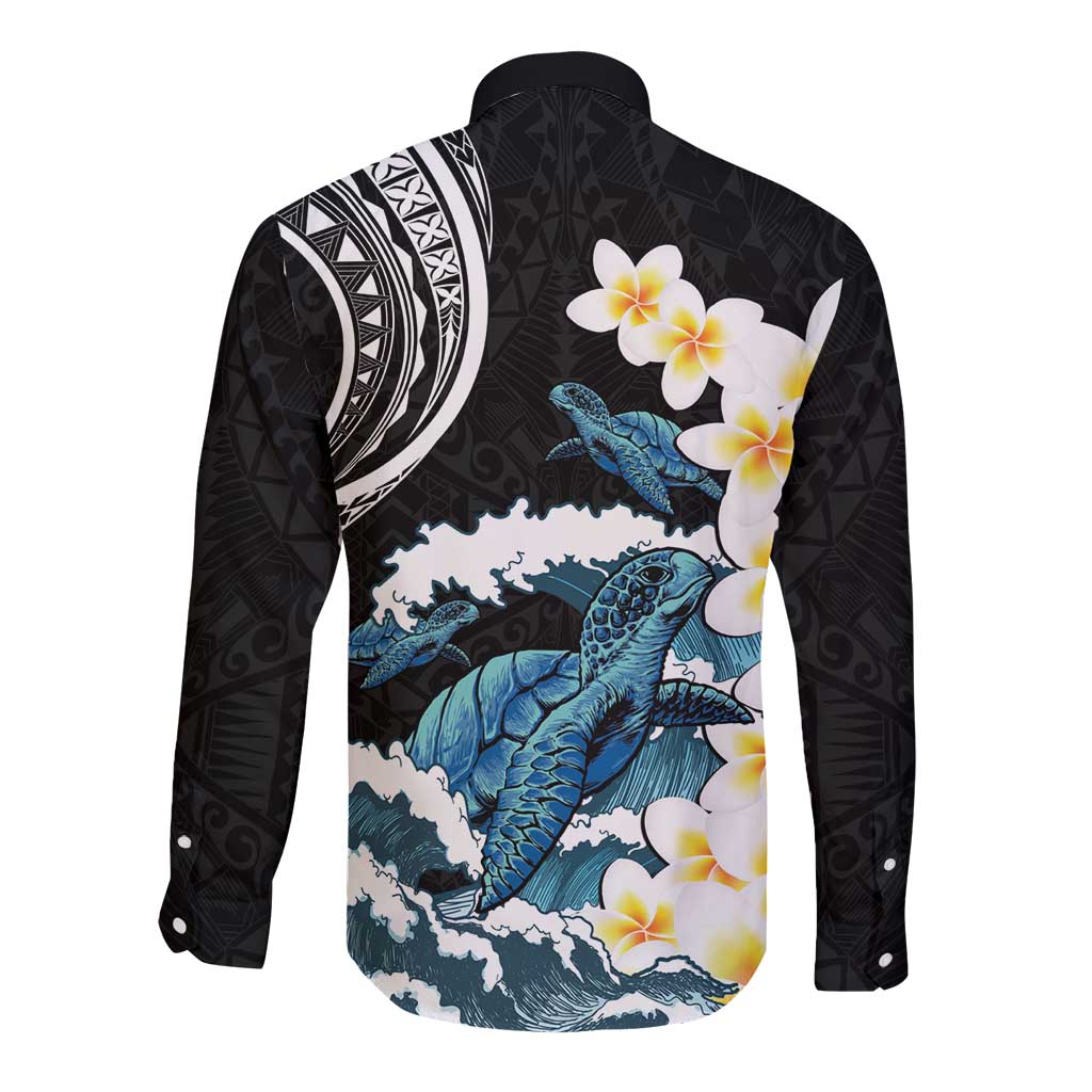 Black Polynesia Long Sleeve Button Shirt Polynesian Frangipani With Sea Turtles