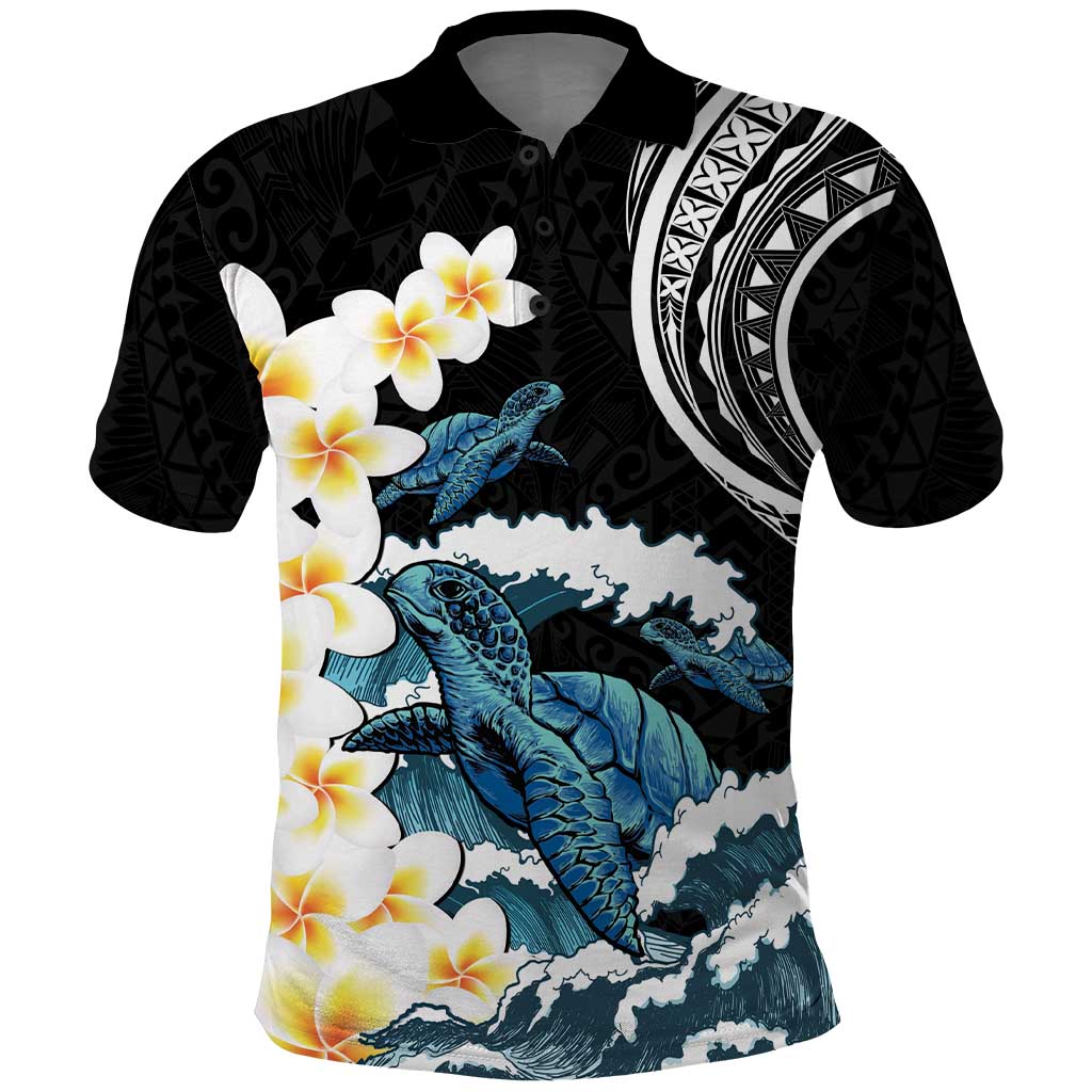 Black Polynesia Polo Shirt Polynesian Frangipani With Sea Turtles