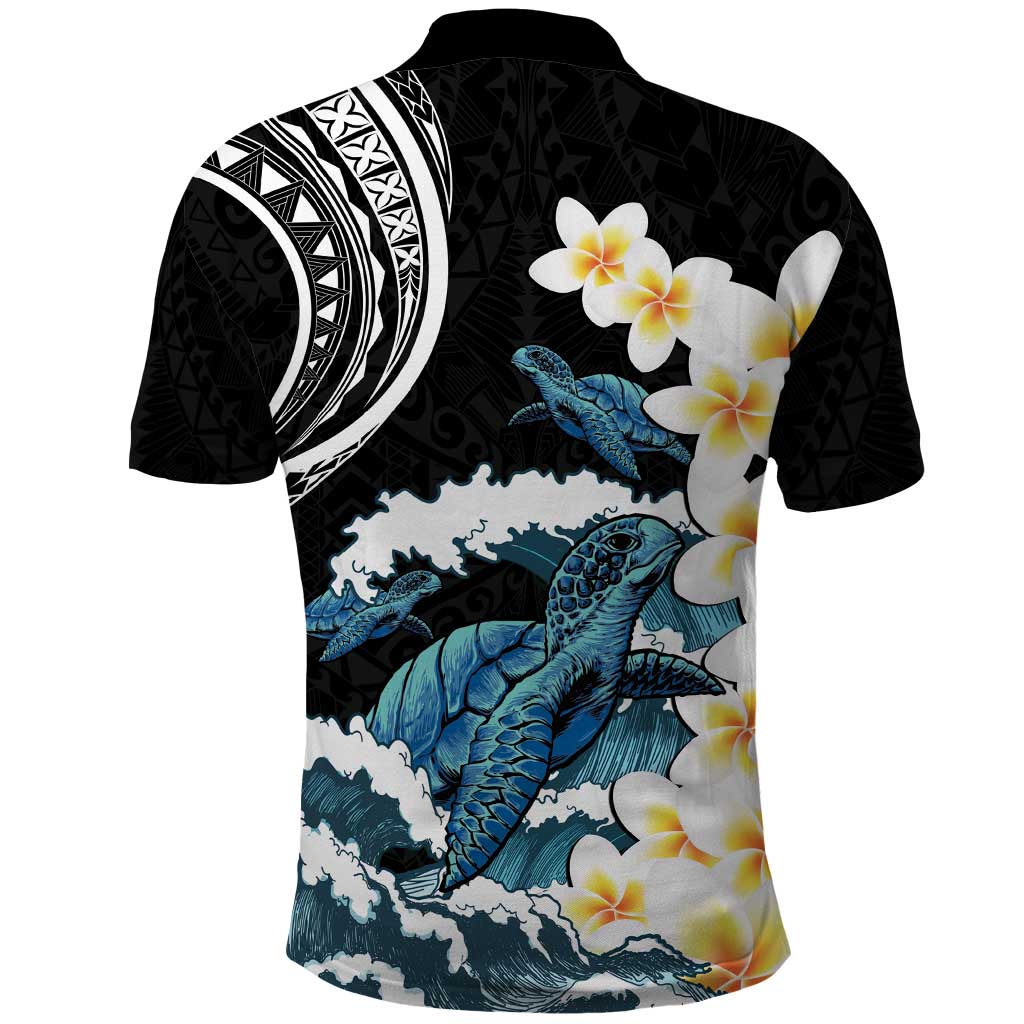 Black Polynesia Polo Shirt Polynesian Frangipani With Sea Turtles