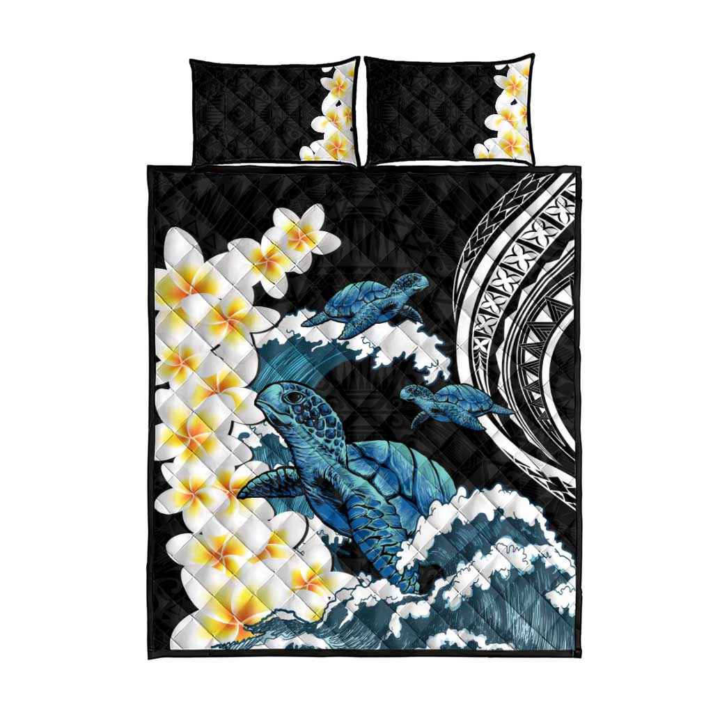 Black Polynesia Quilt Bed Set Polynesian Frangipani With Sea Turtles