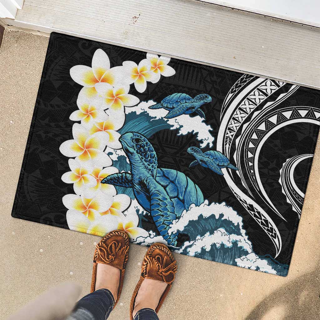 Black Polynesia Rubber Doormat Polynesian Frangipani With Sea Turtles