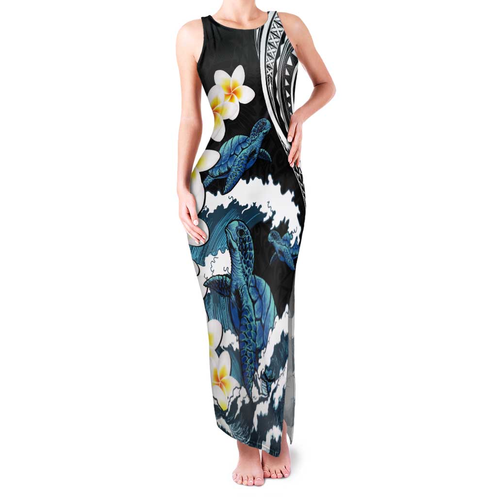 Black Polynesia Tank Maxi Dress Polynesian Frangipani With Sea Turtles