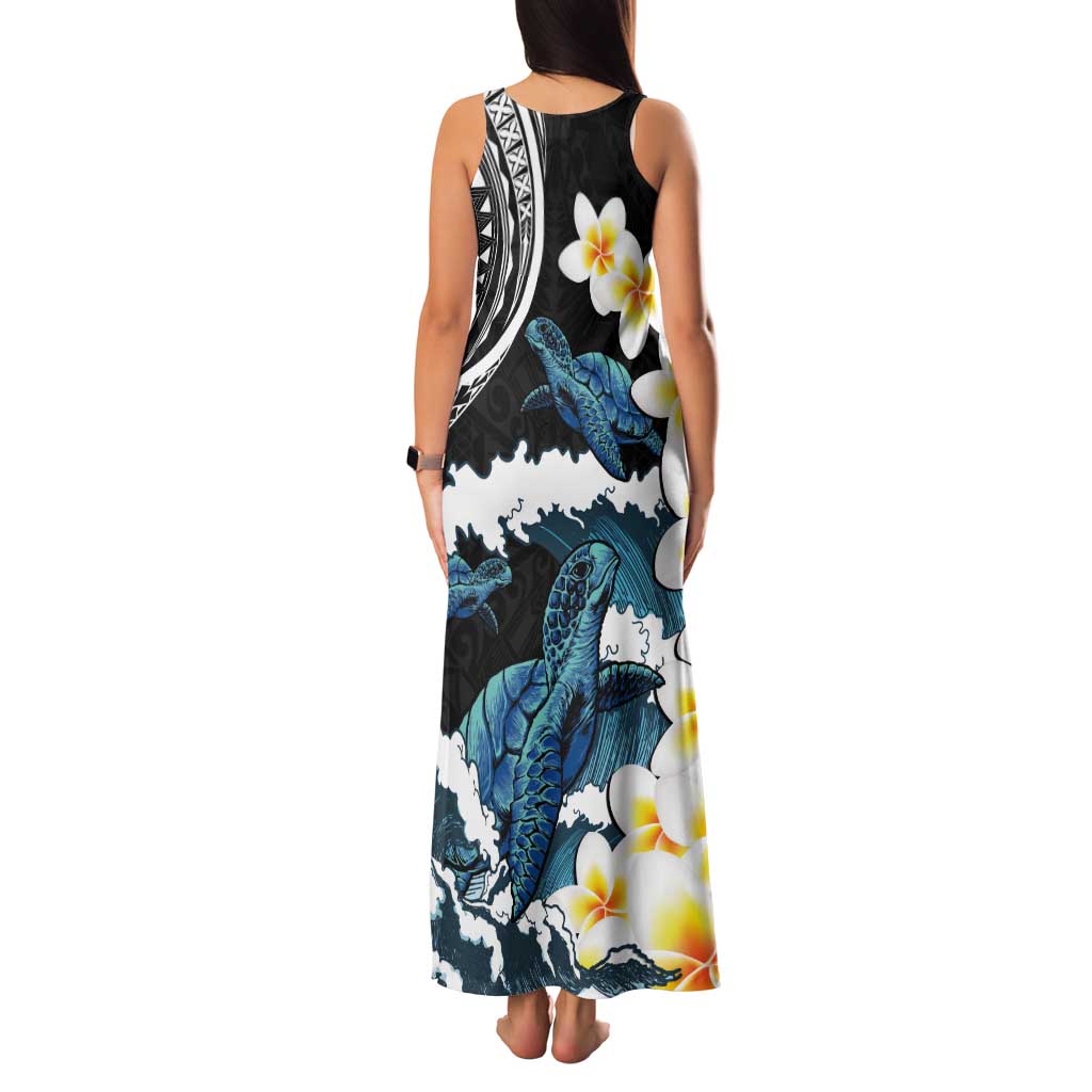 Black Polynesia Tank Maxi Dress Polynesian Frangipani With Sea Turtles