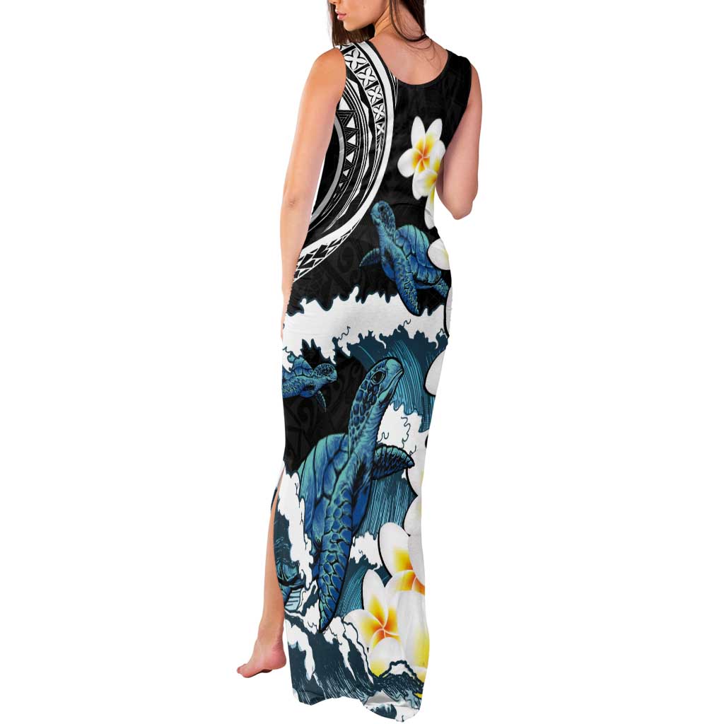 Black Polynesia Tank Maxi Dress Polynesian Frangipani With Sea Turtles