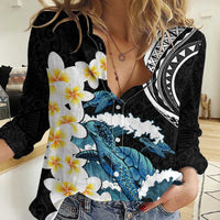 Black Polynesia Women Casual Shirt Polynesian Frangipani With Sea Turtles LT14 Female Black - Polynesian Pride
