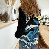 Black Polynesia Women Casual Shirt Polynesian Frangipani With Sea Turtles LT14 - Polynesian Pride