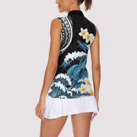 Black Polynesia Women Sleeveless Polo Shirt Polynesian Frangipani With Sea Turtles