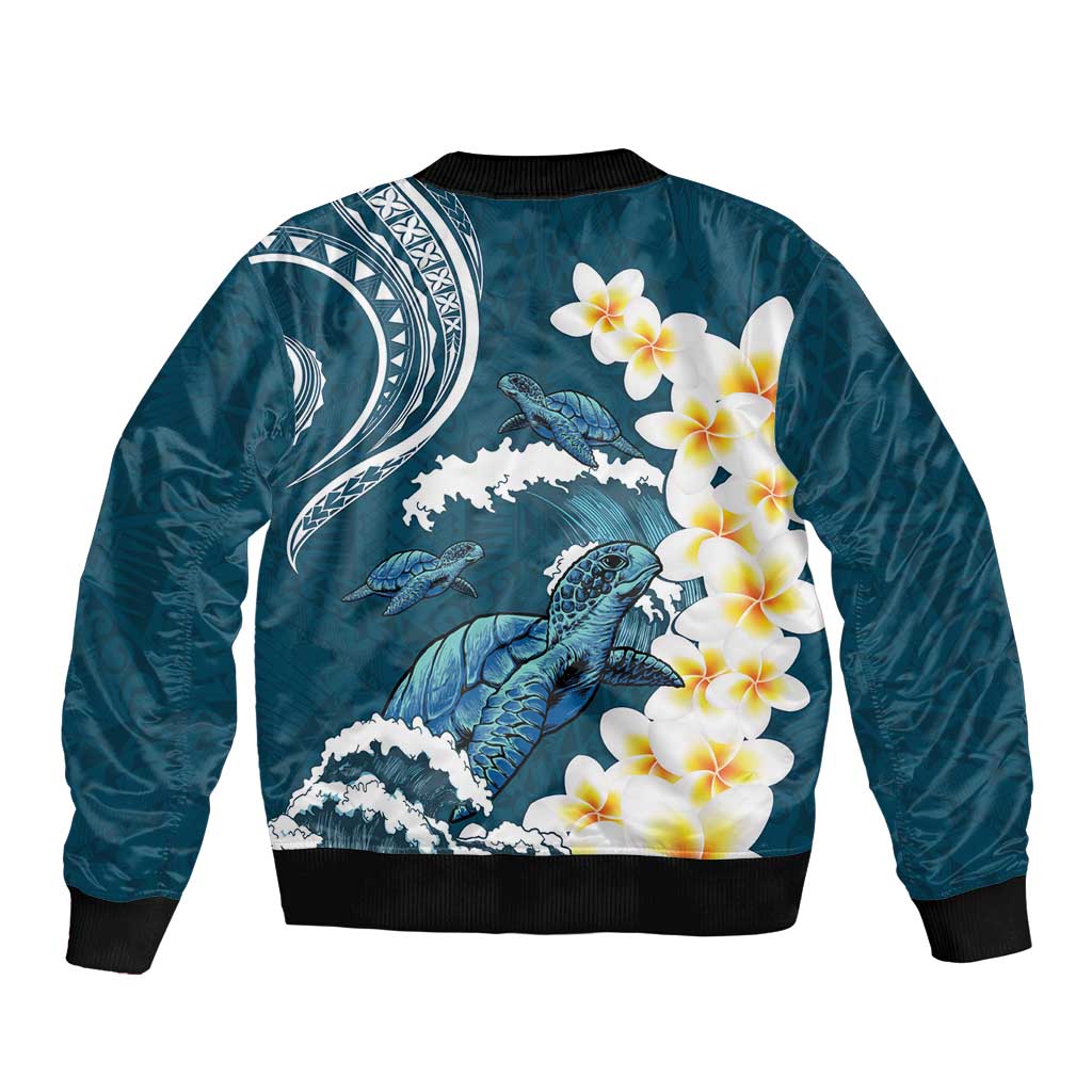 Dark Teal Polynesia Bomber Jacket Polynesian Frangipani With Sea Turtles