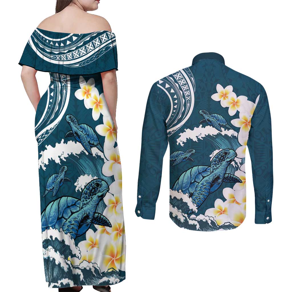 Dark Teal Polynesia Couples Matching Off Shoulder Maxi Dress and Long Sleeve Button Shirt Polynesian Frangipani With Sea Turtles
