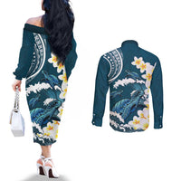 Dark Teal Polynesia Couples Matching Off The Shoulder Long Sleeve Dress and Long Sleeve Button Shirt Polynesian Frangipani With Sea Turtles