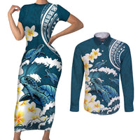 Dark Teal Polynesia Couples Matching Short Sleeve Bodycon Dress and Long Sleeve Button Shirt Polynesian Frangipani With Sea Turtles