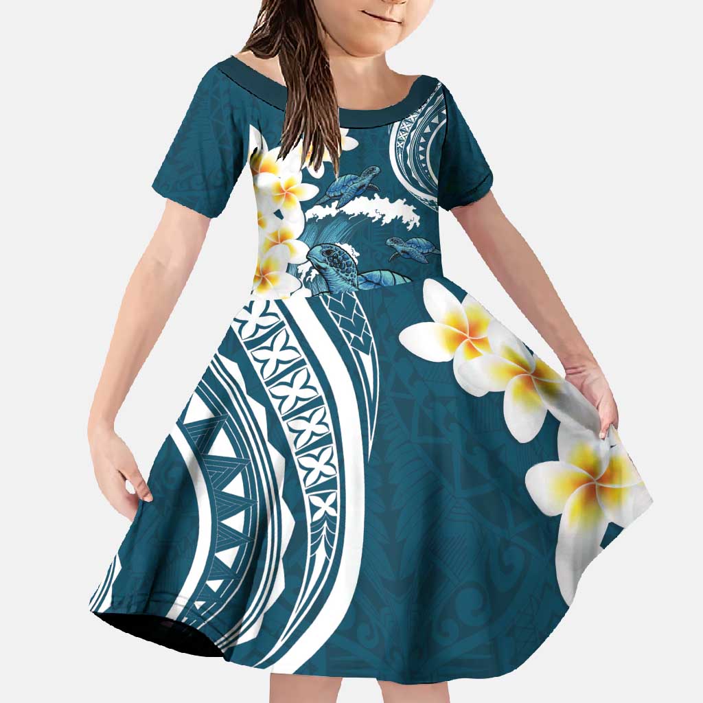 Dark Teal Polynesia Family Matching Summer Maxi Dress and Hawaiian Shirt Polynesian Frangipani With Sea Turtles