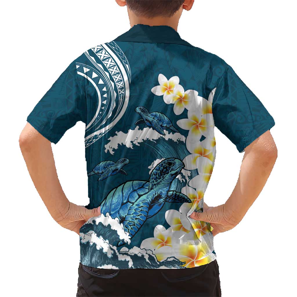 Dark Teal Polynesia Kid Hawaiian Shirt Polynesian Frangipani With Sea Turtles