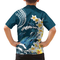 Dark Teal Polynesia Kid Hawaiian Shirt Polynesian Frangipani With Sea Turtles