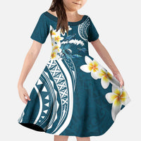 Dark Teal Polynesia Kid Short Sleeve Dress Polynesian Frangipani With Sea Turtles