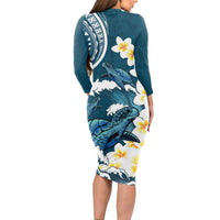 Dark Teal Polynesia Long Sleeve Bodycon Dress Polynesian Frangipani With Sea Turtles