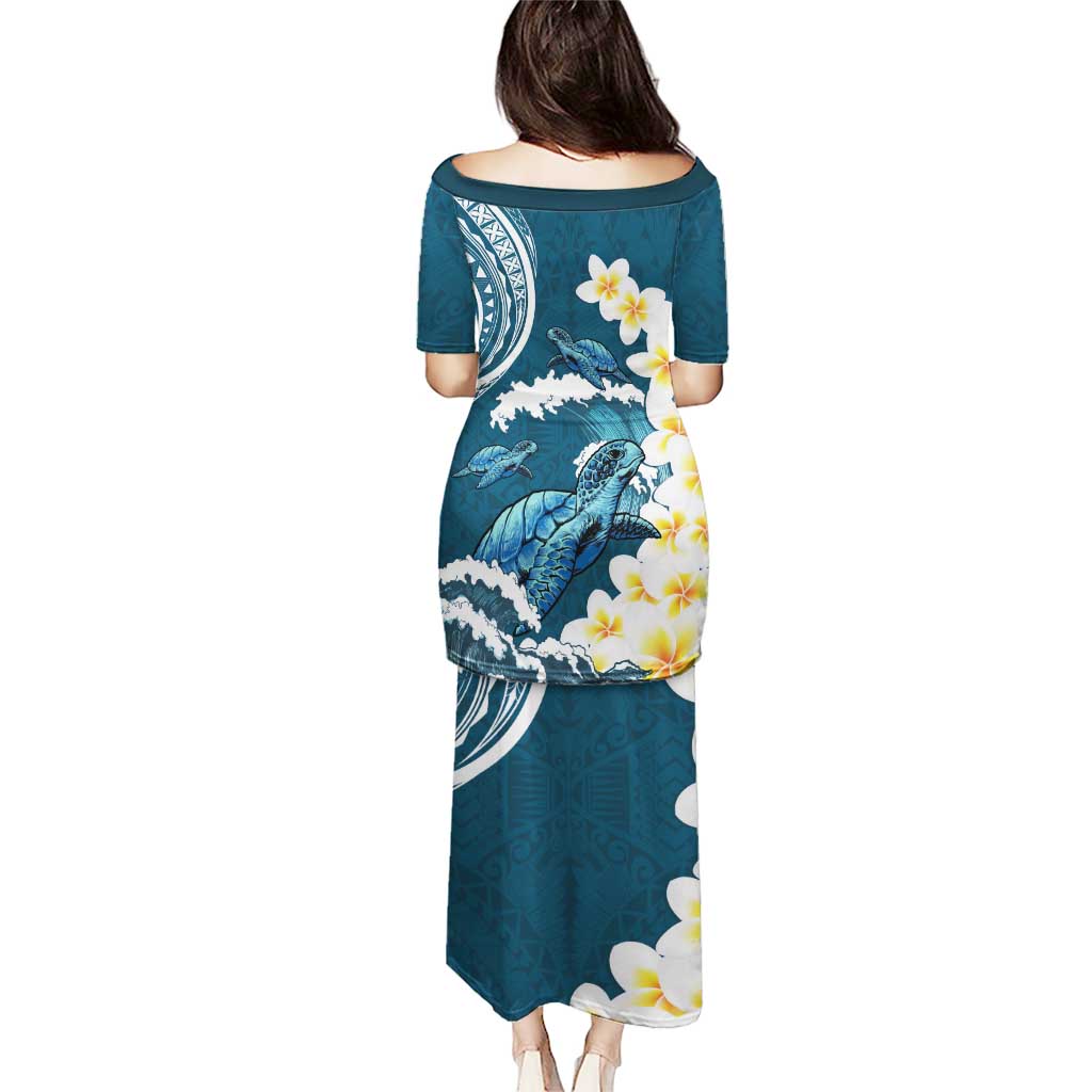 Dark Teal Polynesia Puletasi Polynesian Frangipani With Sea Turtles