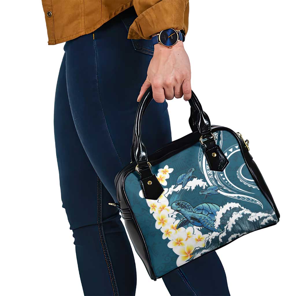 Dark Teal Polynesia Shoulder Handbag Polynesian Frangipani With Sea Turtles
