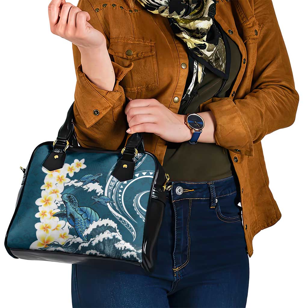 Dark Teal Polynesia Shoulder Handbag Polynesian Frangipani With Sea Turtles