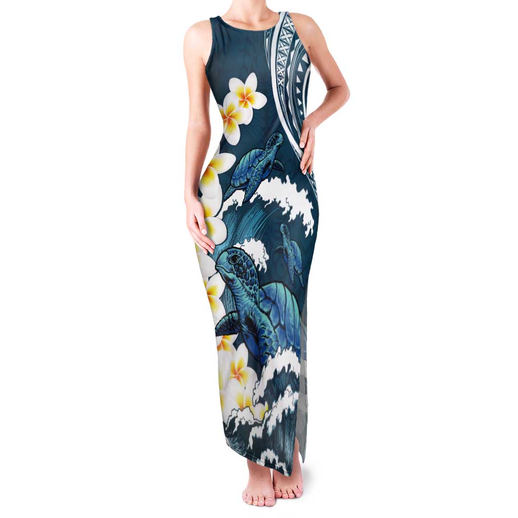 Dark Teal Polynesia Tank Maxi Dress Polynesian Frangipani With Sea Turtles